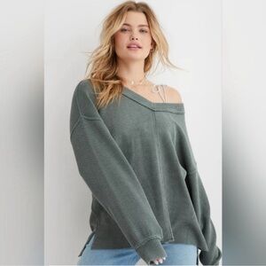 Aerie V Neck Wonder Textured Sweatshirt Green Sz S